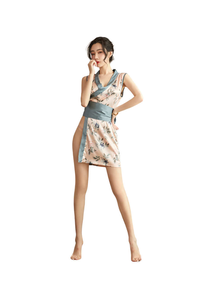 Japanese Style Printed Kimono Lingerie Roleplay Set