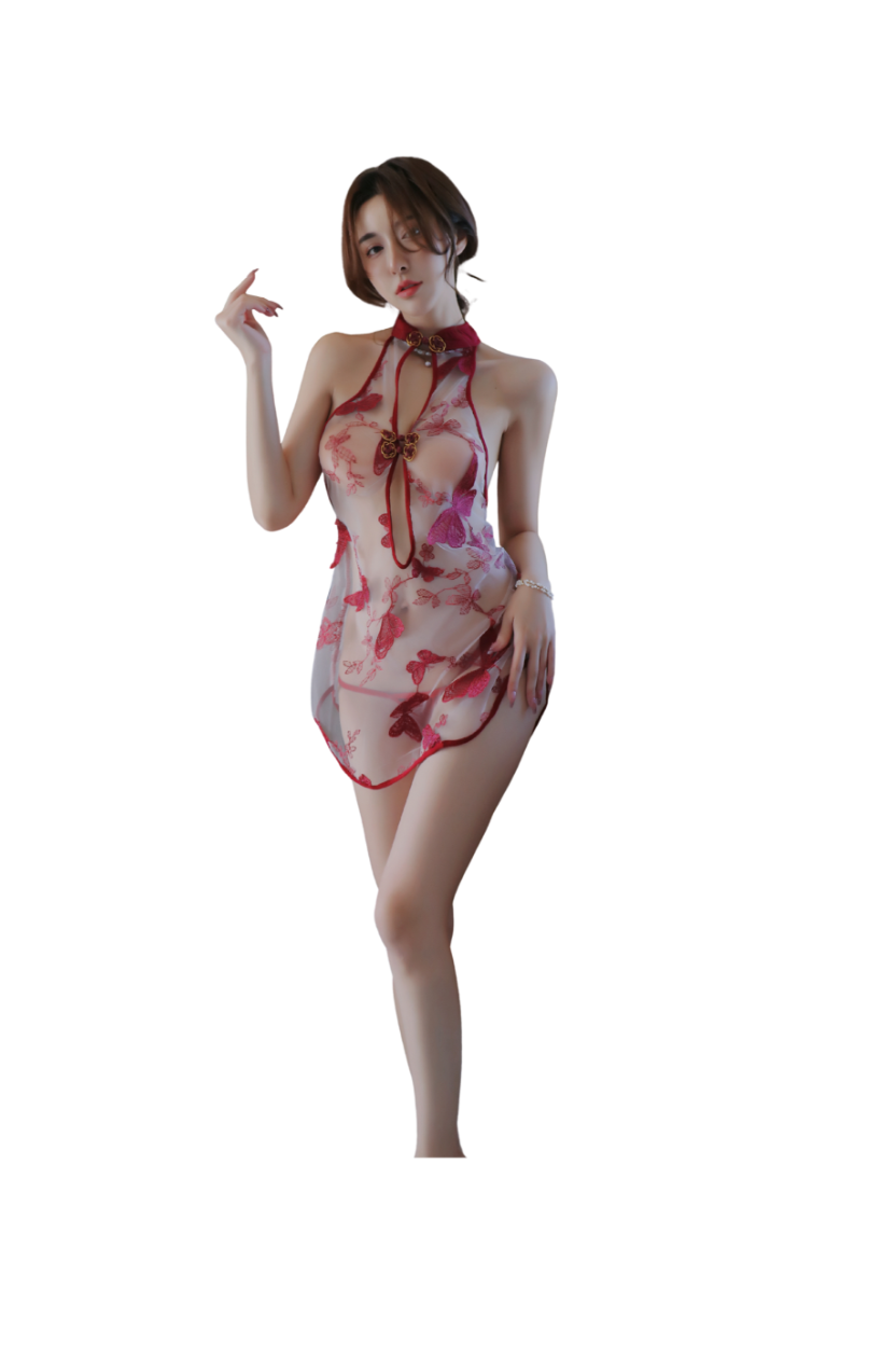 Sexy Sheer Embroidered Butterfly Cheongsam Lingerie Set