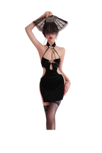 Halter Cut-Out Cheongsam Lingerie Set with Stockings
