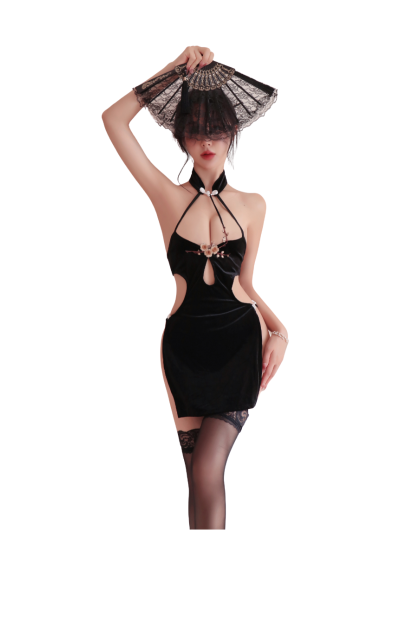 Halter Cut-Out Cheongsam Lingerie Set with Stockings