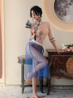 Sheer Blue Mesh Cheongsam Lingerie Set