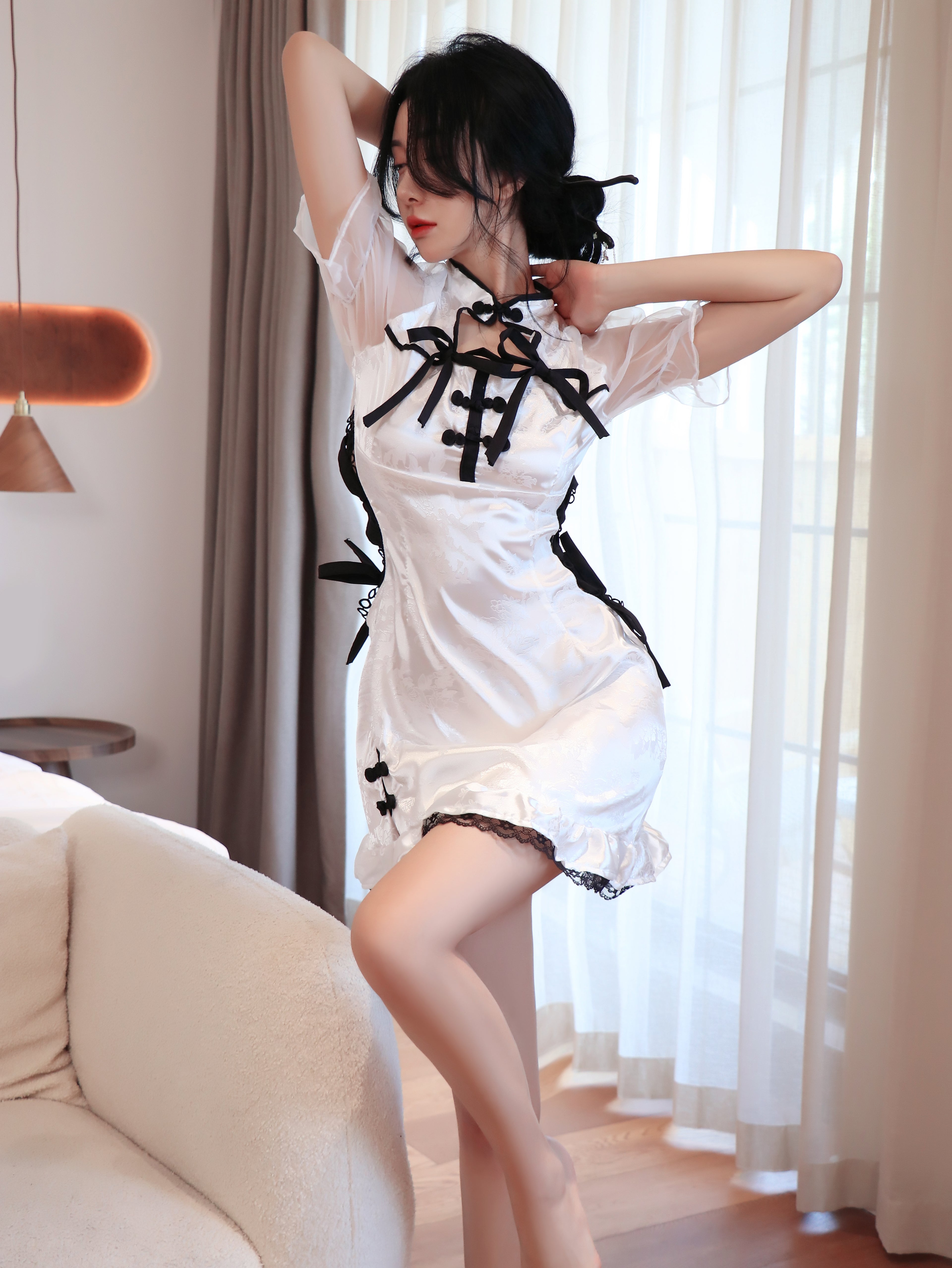 Bow-Tie Patchwork Cheongsam Lingerie Set