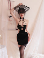 Halter Cut-Out Cheongsam Lingerie Set with Stockings