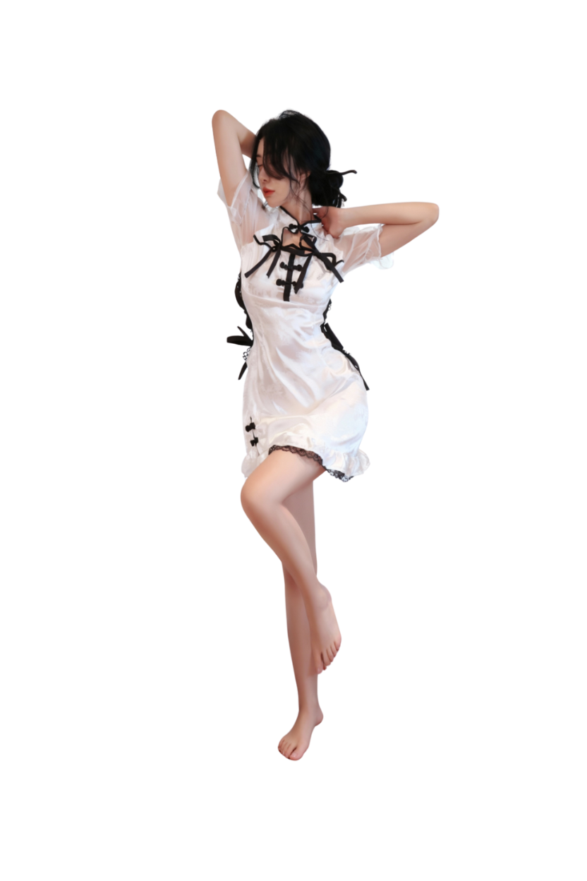 Bow-Tie Patchwork Cheongsam Lingerie Set