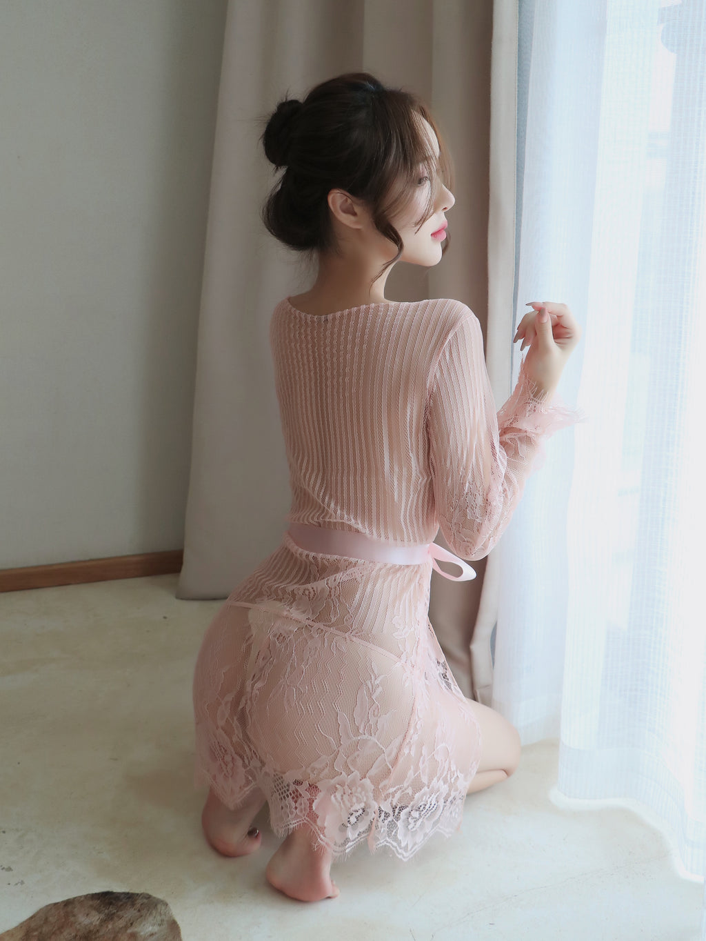 Lace Mesh Lingerie Robe Set