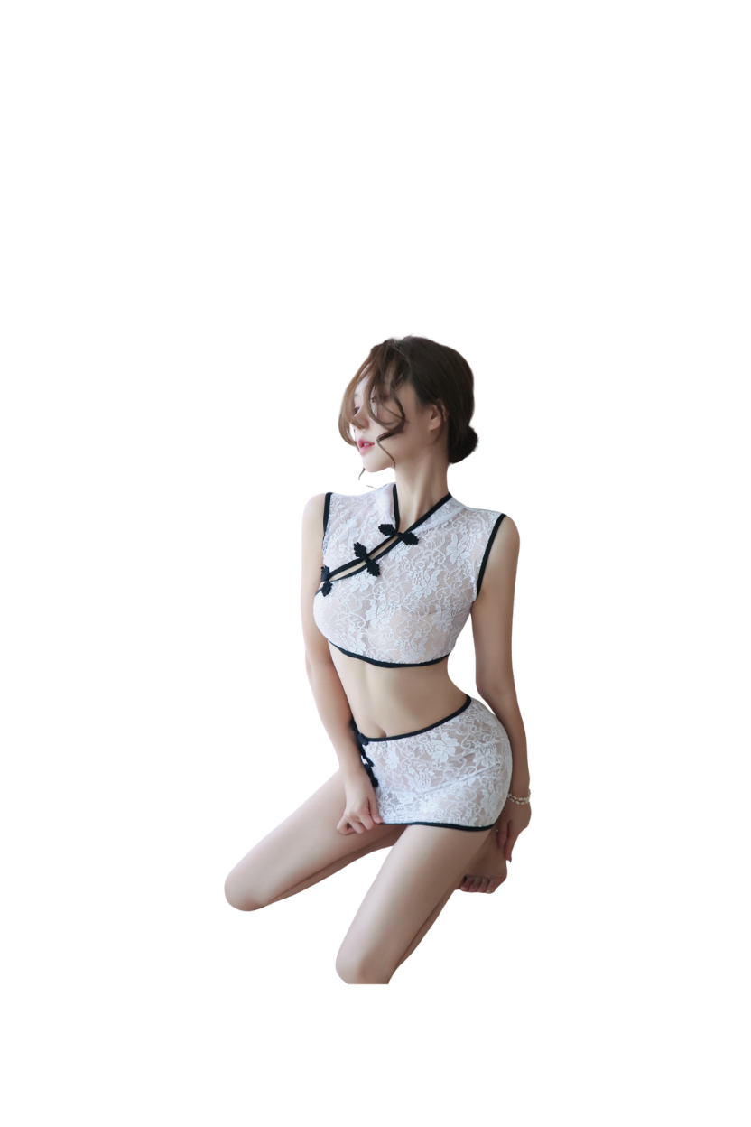Lace See-Through Cheongsam Lingerie Two-Piece Set (Top & Skirt)